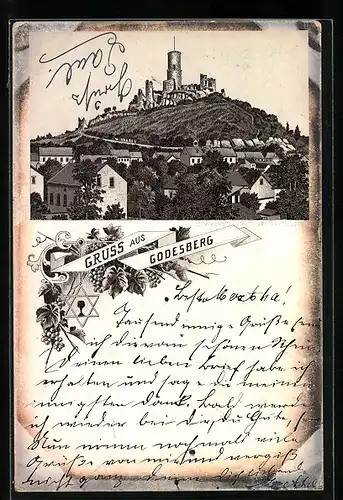 Vorläufer-Lithographie Godesberg, Blick zur Burg 1895