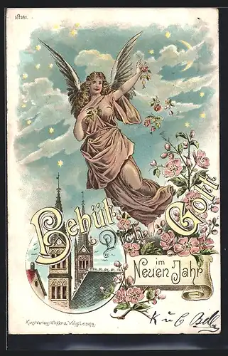 Lithographie Neujahrsengel streut Blumen über die Stadt