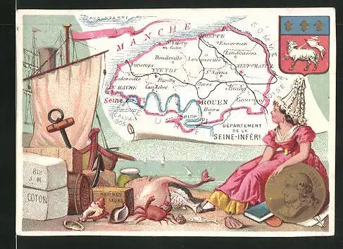 Kaufmannsbild Rouen, Dèpartement de la Seine-Infère, Frau am Meer, Segelschiff und Wappen