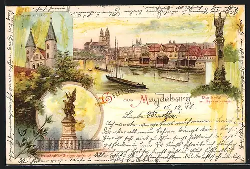 Lithographie Magdeburg, Ortspartie am Wasser, Marienkirche, Neustädter Siegesdenkmal