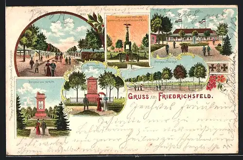 Lithographie Friedrichsfeld, Wilhelmstrasse, Offizierscasino, Franzosenfriedhof & Denkmal von 1870 /71