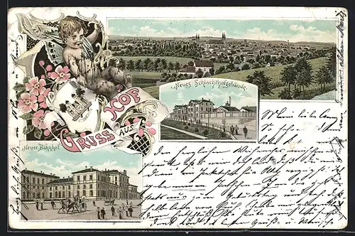 Lithographie Hof, Totalansicht, Neues Schlachthofgebäude & neuer Bahnhof