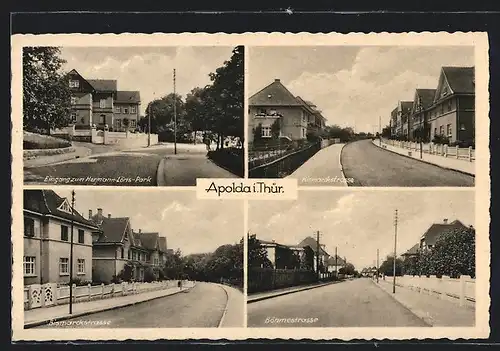 AK Apolda i. Thür., Bismarckstrasse, Böhmestrasse, Eingang zum Hermann-Löns-Park