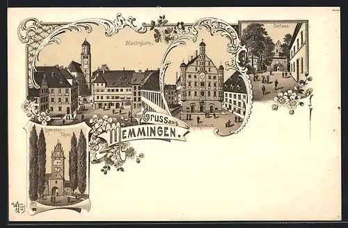 Lithographie Memmingen, Marktplatz, Rathaus, Kempter-Thor