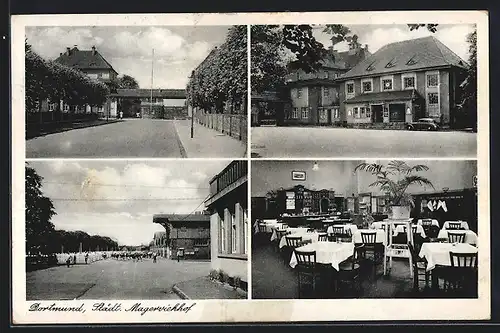 AK Dortmund, Gasthaus Städt. Magerviehhof, Lindenhorsterstrasse 38, Strassenpartie mit Brücke