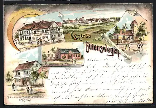 Lithographie Gutenswegen, Gasthof zum deutschen Kaiser, Schule, Kirche