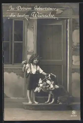 Foto-AK L.J. & F.F. Nr. 3415 /4: Kind mit Hund und Blumenkorb