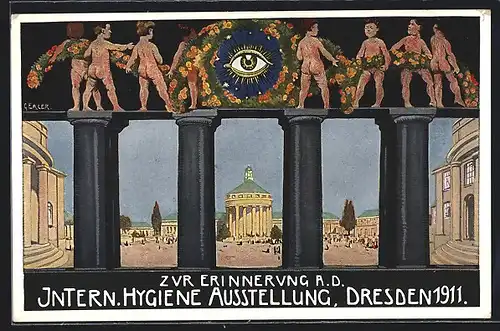 AK Dresden, Internationale Hygiene-Ausstellung 1911 - Nackte Knaben mit Girlande und Ausstellungsgelände