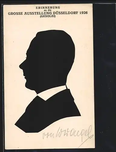 Künstler-AK Düsseldorf, Grosse Ausstellung Gesolei 1926, Silhouette eines Herren im Anzug