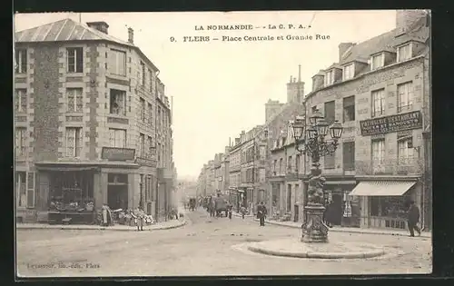 AK Flers, Place Centrale et Grande Rue