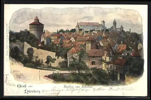 Lithographie Nürnberg, Teilansicht vom Hallerthor aus