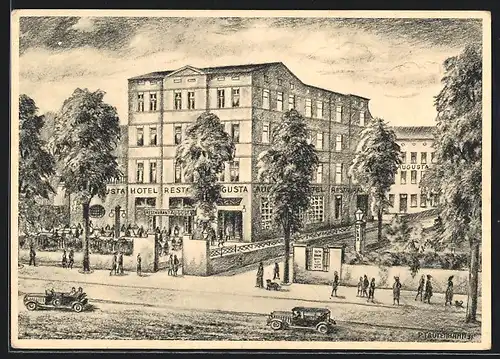 Künstler-AK Augsburg, Hotel-Restaurant Augusta, Fuggerstrasse 3