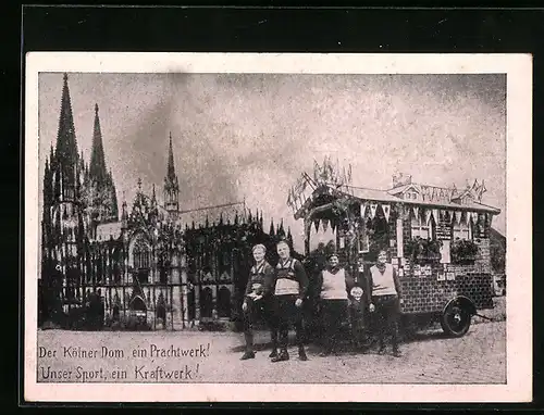 AK Köln, Rheinische Sportler mit Sportwerbewagen auf Expedition, Kölner Dom