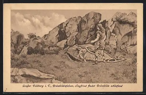 AK Grosser Feldberg i. T., Brünhildisfelsen, Siegfried findet Brünhilde schlafend, Nibelungen