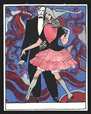 Künstler-AK Wiener Werkstätte Nr. 685, Tischkarte, Paar in bereit zum Tanz, Ephemera