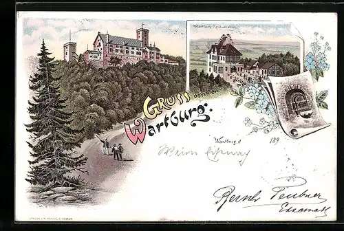 Lithographie Eisenach, Wartburg, Wartburg-Restaurant, Elisabeth-Brunnen