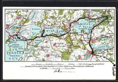 Künstler-AK Plön, Landkarte mit Eutin, Kreuzfeld und Kellersee