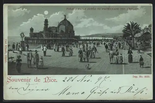 Mondschein-Lithographie Nice, Palais de la Jetée et Promenade des Anglais