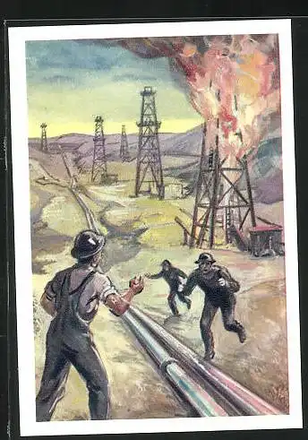 Sammelbild Dissen, Fritz Homann AG, Geschichte unserer Welt, Bild 185, Brennende Ölquelle mit Pipeline