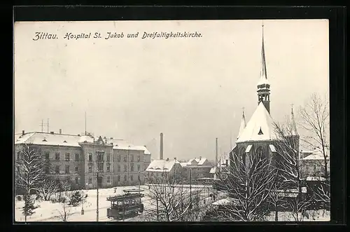 AK Zittau, Hospital St. Jakob und Dreifaltigkeitskirche im Winter