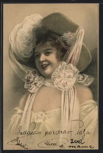 Lithographie Lächelnde junge Frau mit Hut, Jugendstil