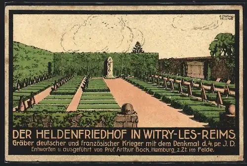 AK Witry-les-Reims, Der Heldenfriedhof, Gräber deutscher und französischer Krieger mit Denkmal d. 4. pr. J. D.