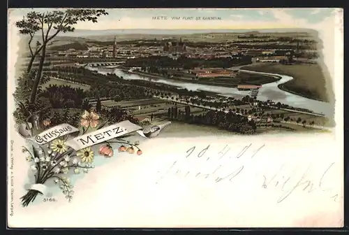 Lithographie Metz, Ortsansicht vom Fort St. Quentin