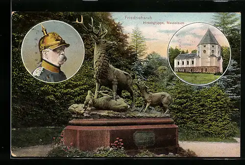 AK Friedrichsruh, Hirschgruppe, Bismarckportrait und Mausoleum