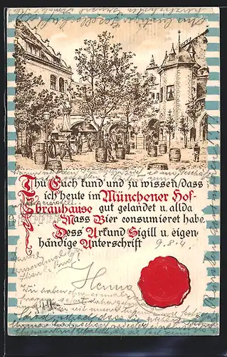 Lithographie Münchner Hofbräuhaus, Bierfässer im Garten