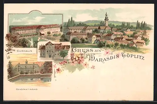 Lithographie Warasdin-Töplitz, Curhaus, Constantinbad, Teilansicht aus der Vogelschau