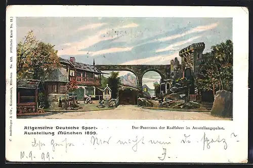 Künstler-AK München, Allgemeine Deutsche Sportausstellung 1899, Panorama der Radfahrer