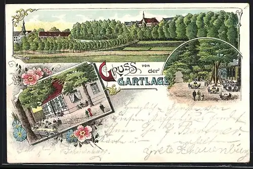 Lithographie Gartlage, Gasthaus mit Garten, Teilansicht vom Ort