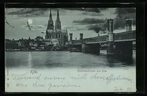 Mondschein-AK Köln, Eisenbahnbrücke und Dom