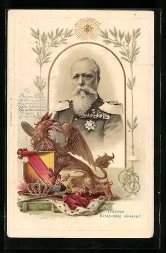 Passepartout-Lithographie Friedrich von Baden, 50jähriges Regierungs-Jubiläum 1902, Portrait mit Wappen