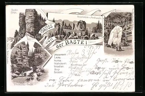 Künstler-AK Bastei /Sa., Basteifelsen, Amselfall, Basteibrücke von Ferdinandst.