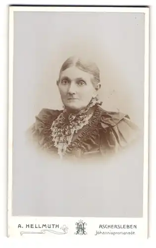 Fotografie A. Hellmuth, Aschersleben, Johannispromenade, Ältere Dame mit Kragenbrosche