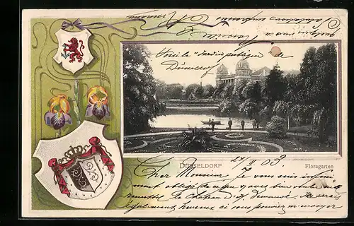 Passepartout-Lithographie Düsseldorf, Floragarten, Wappen