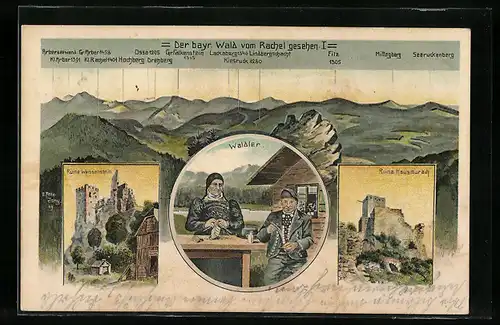 Künstler-AK Eugen Felle: Rachel /Bayr. Wald, Ruine Weissenstein, Ruine Hausmurach, Panorama mit Filz und Mittagberg