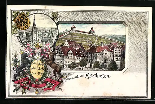 Passepartout-Lithographie Esslingen, Rathaus mit Burg, Frauenkirche