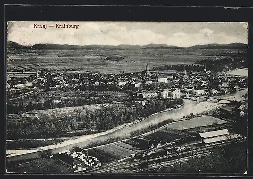 AK Krainburg, Gesamtansicht mit Brücke aus der Vogelschau