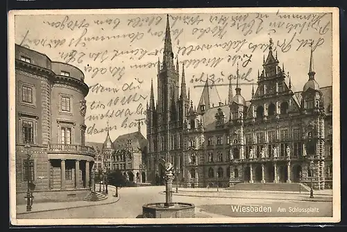 AK Wiesbaden, Strassenpartie am Schlossplatz