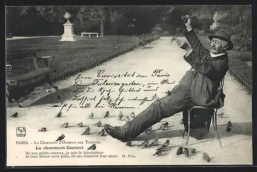 AK Paris, Le Charmeur d`Oiseaux aux Tuileries, Le charmant Contrat, Älterer Herr mit Tauben