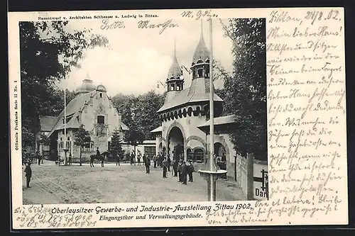 AK Zittau, Oberlausitzer Gewerbe- u. Industrie-Ausstellung 1902, Eingangstor und Verwaltungsgebäude