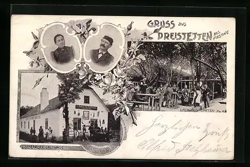 AK Dreistetten, L. Scherrers Gasthaus - Gebäude, Garten und Portraits des Wirtspaares