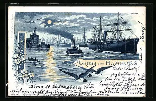 Lithographie Hamburg, Hafen bei Nacht