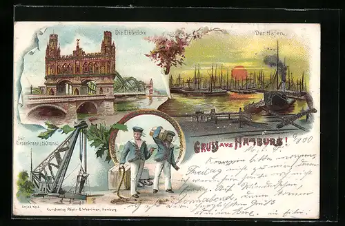 Lithographie Hamburg, Hafen, Elbbrücke, Riesenkran und Matrosen