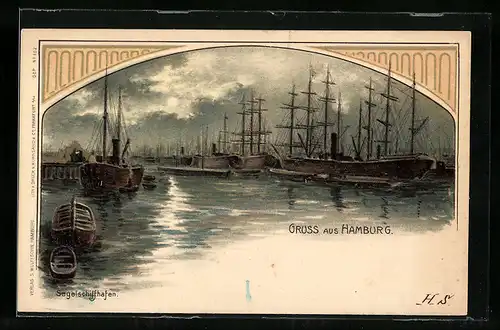 Lithographie Hamburg, Segelschiffhafen bei Nacht