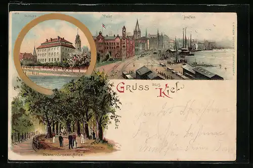 Lithographie Kiel, Hafen, Post, Schloss, Düsternbroker Allee