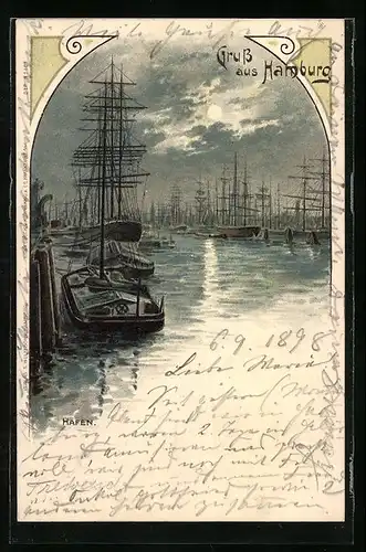 Lithographie Hamburg, Hafen, Segelschiffe bei Vollmond