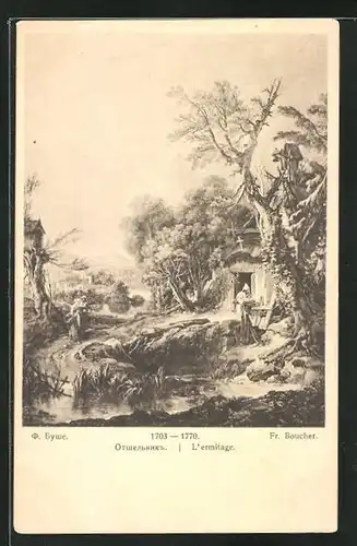 Künstler-AK Fr. Boucher: Landschaftsansicht mit kleiner Kapelle, Rotes Kreuz Russland